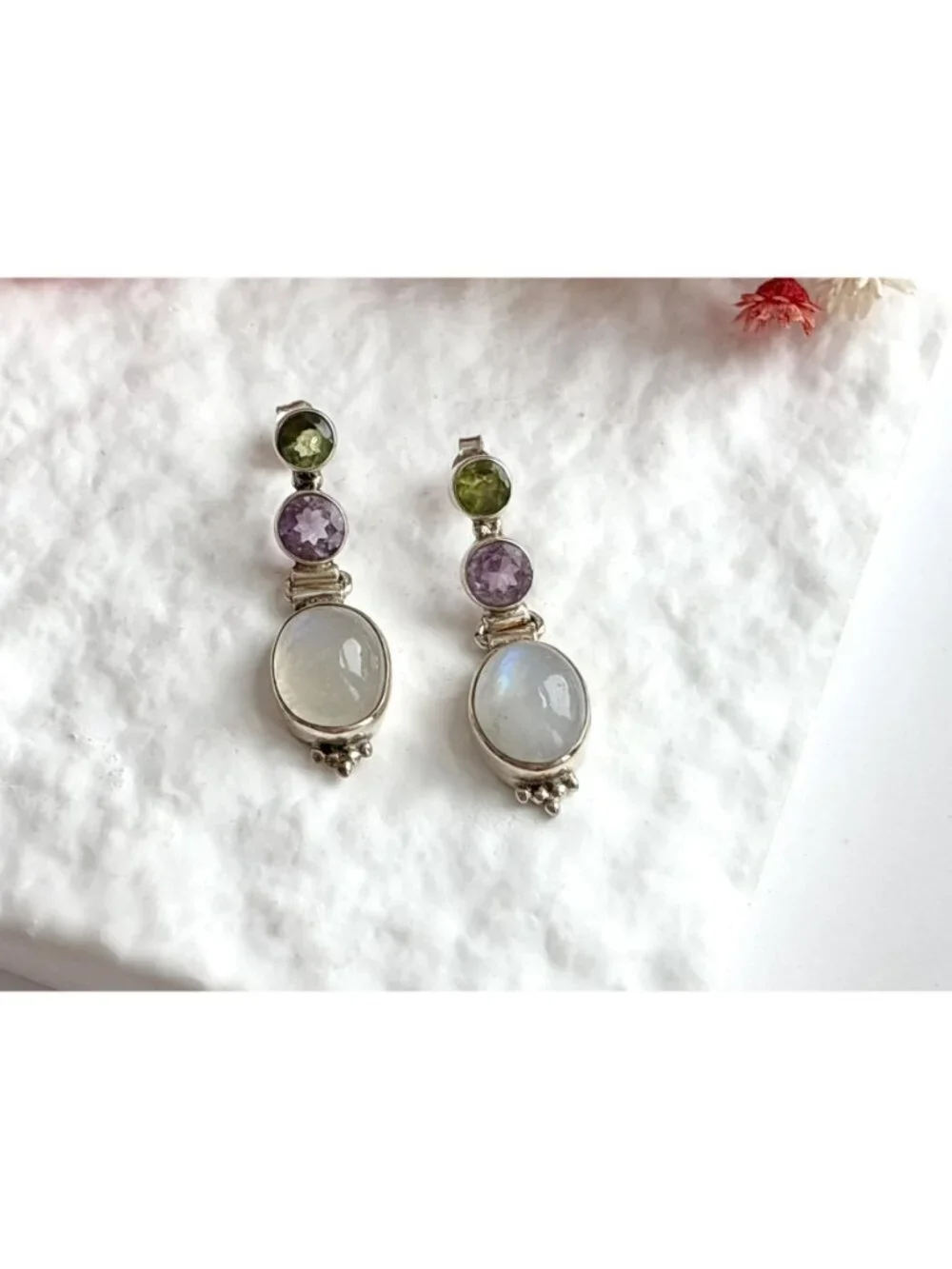 Moonstone, Amethyst & Peridot Vintage Sterling Silver 925 Dangle Drop Earrings